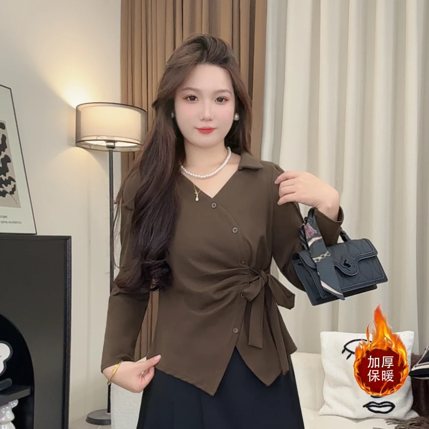 小个子时尚长袖衬衫女2025秋季新款洋气收腰显瘦纯色扣子系带上衣