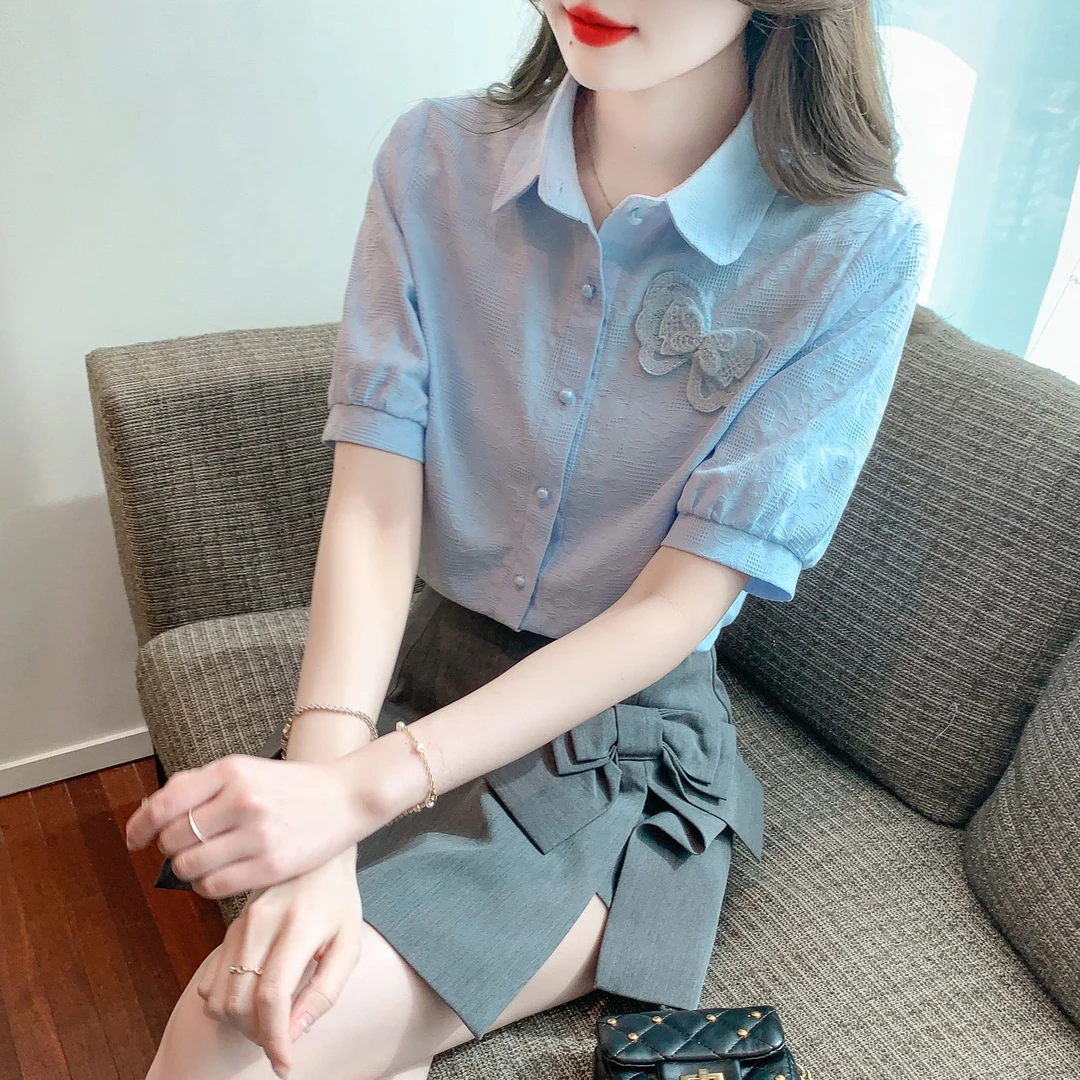 夏季2025年女装新款时尚提花设计纯棉衬衫女气质显瘦薄款短袖衬衣