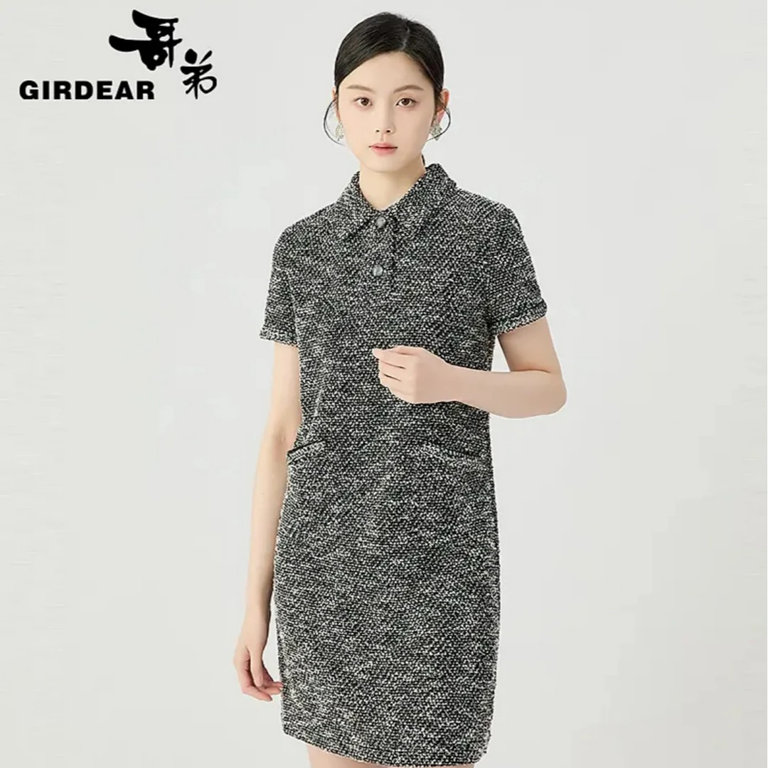 GIRDEAR/哥弟POLO版H版气质小香风优雅葱纱针织短袖连衣裙150007