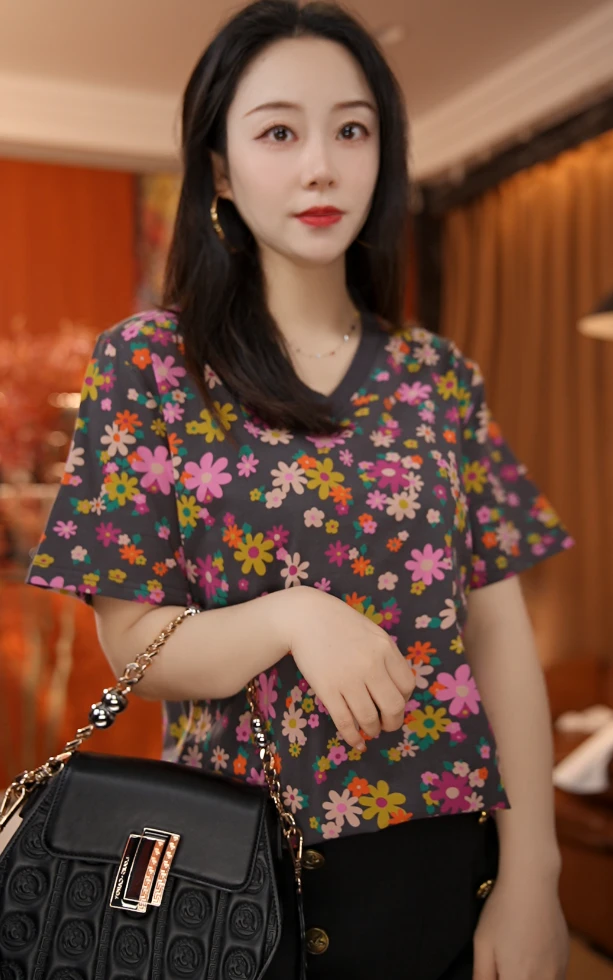 QJGAODING-新款彩色小花宽松短袖T恤【1285】