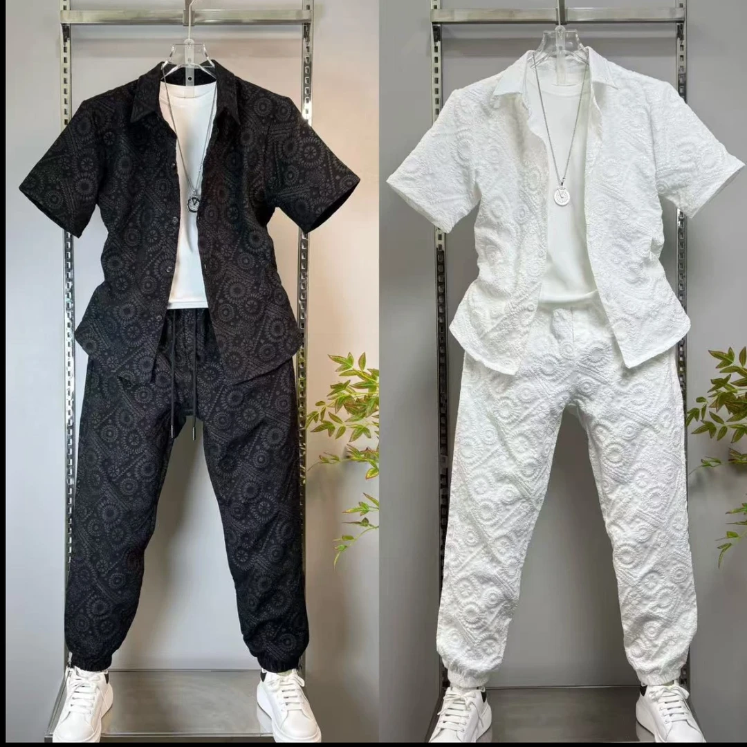 【现货】8686夏季男士压花中式套装复古时尚套装长裤短袖潮流舒适