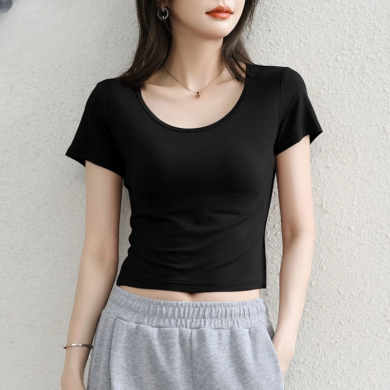 gpsunlu短款上衣女修身高腰露脐打底小衫女夏季高腰春秋长袖t恤