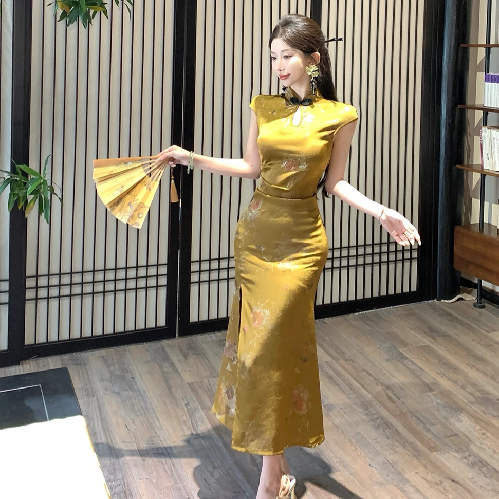 新中式国风烫金印花改良旗袍高级感绝美气质御姐包臀连衣裙女夏季