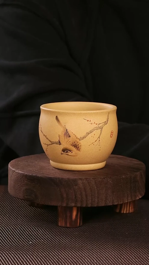 茶杯紫砂黄金段喜上眉梢紫砂手工刻绘主人杯180CC