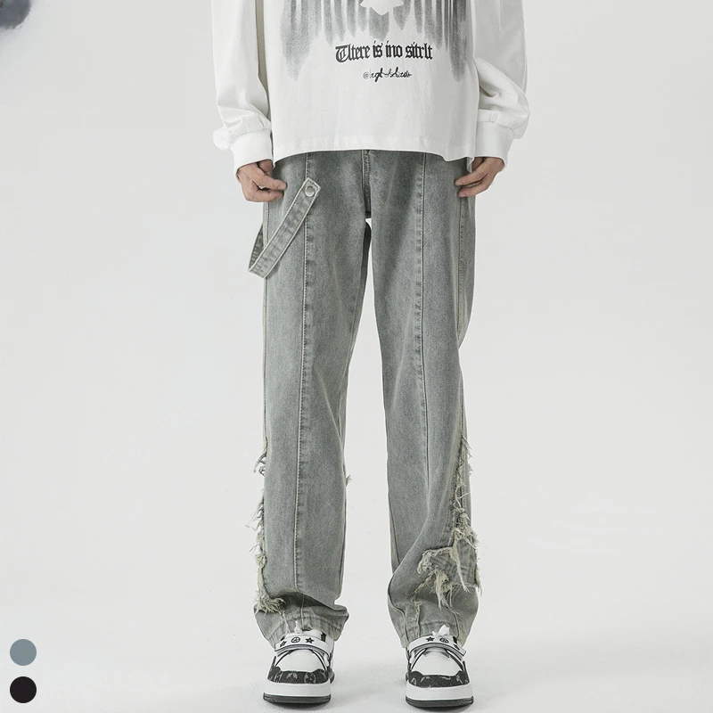 美式高街复古做旧毛边牛仔裤男秋季潮牌宽松直筒痞帅微喇休闲裤子