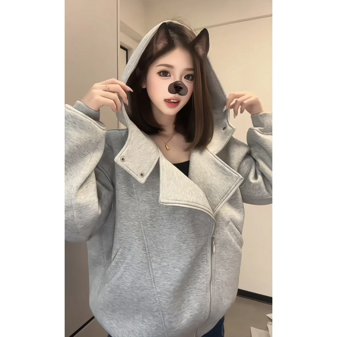 SUMBUR设计感拉链连帽卫衣女韩系慵懒风开衫秋季宽松刺绣休闲外套