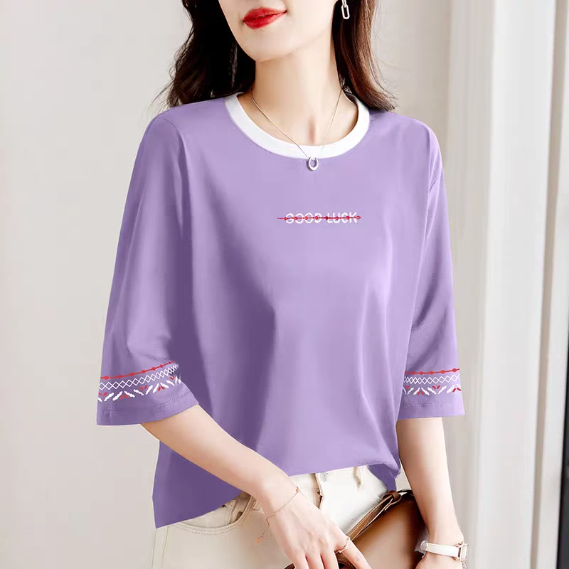 【新中式刺绣民族风】精梳棉中袖t恤女夏季圆领七分袖正肩显瘦上衣