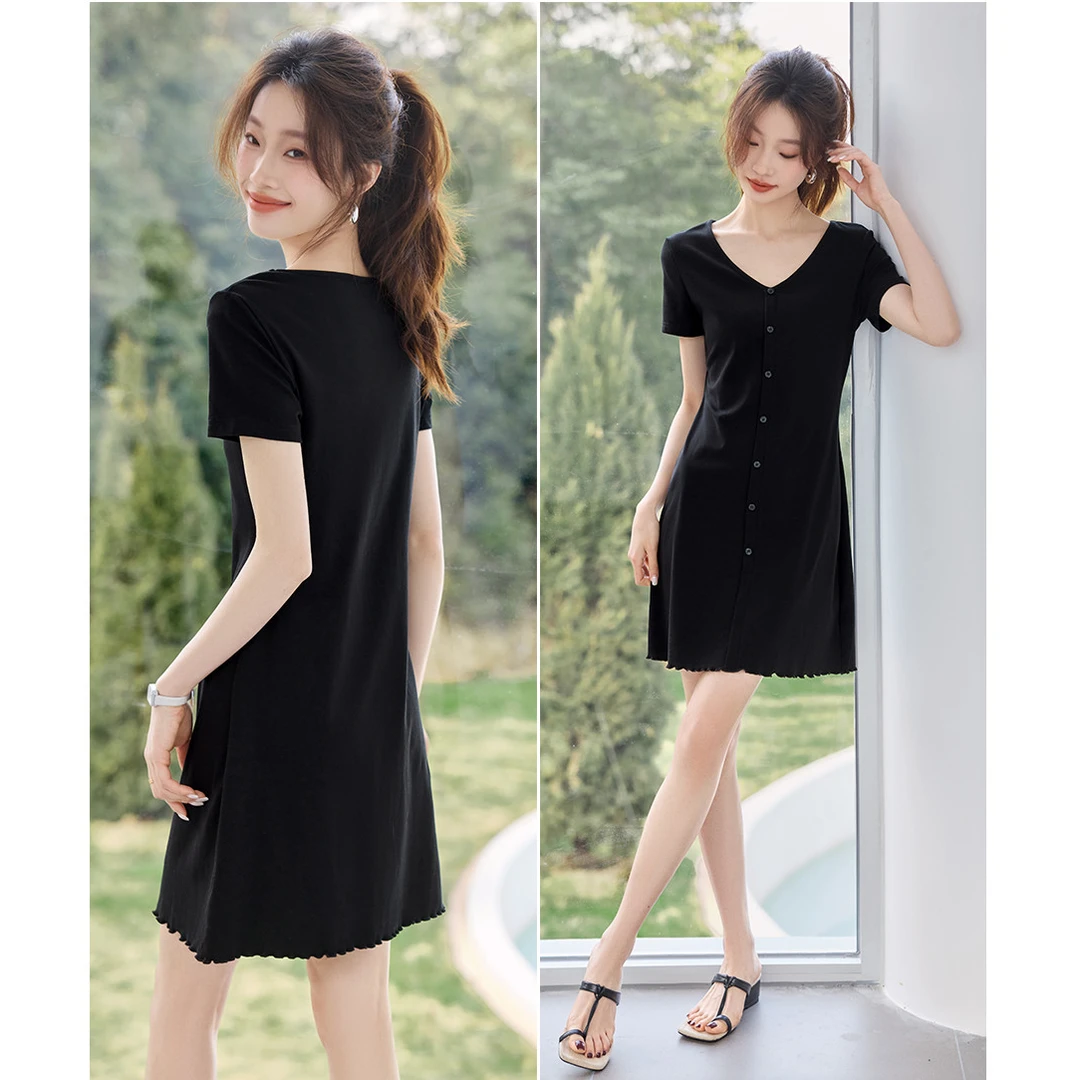 收腰针织连衣裙女夏季2025新款减龄显瘦高腰小黑裙洋气质时尚短裙