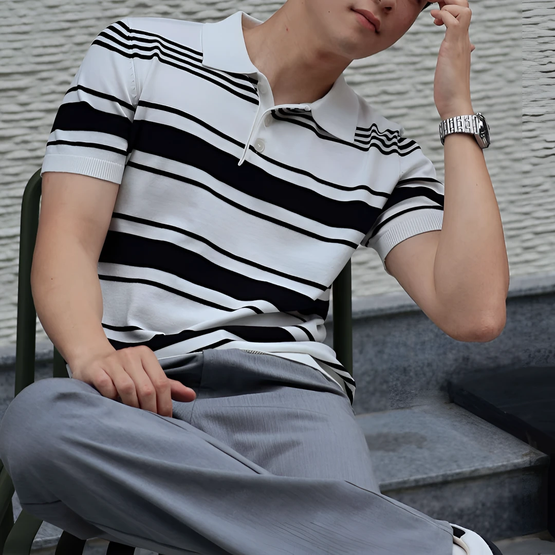 夏季男款高级感冰丝polo衫透气休闲条纹针织老钱翻领百搭短袖t恤