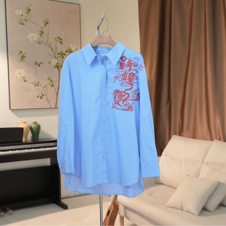 G274 中长款前短后长重工刺绣衬衫女 418A30