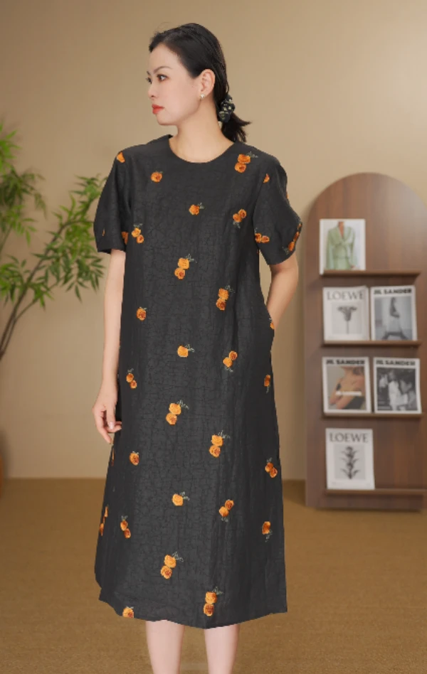 梦佳丝 [柿柿如意]真丝非遗香云纱提花气质长裙宽松款连衣裙61526