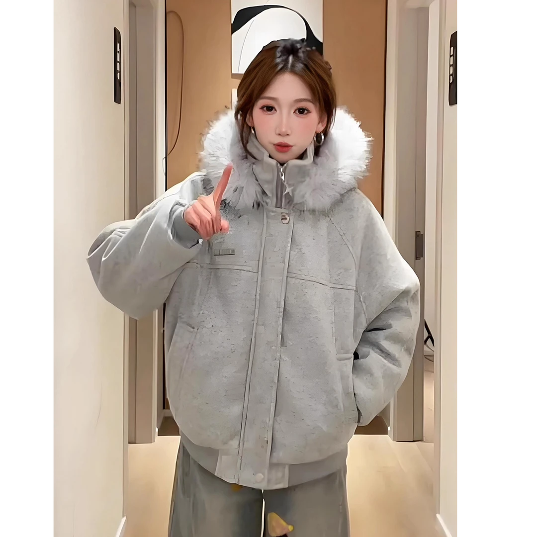 【格蓝度-官方正品】冬季毛领连帽加厚棉衣服女毛呢保暖立领外套