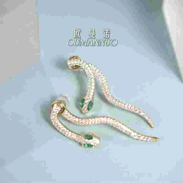 足银仿水晶耳饰 纯银镀14K前后穿蛇耳钉