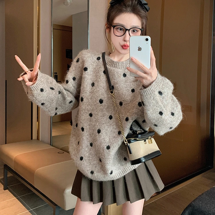 灰色波点套头毛衣女秋冬季加厚宽松休闲港味复古小个子内搭针织衫