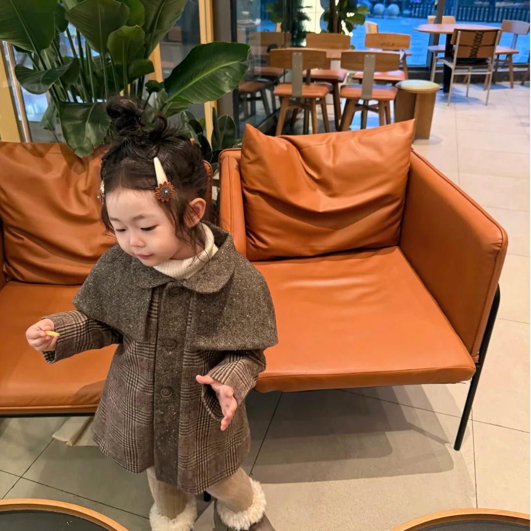 壹妈童装女童韩版秋冬款时髦咖色格子洋气加厚保暖单排扣大衣