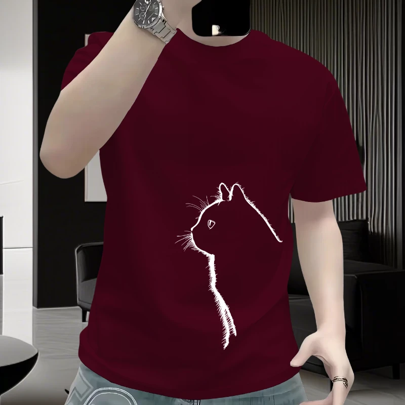 线条猫头 印花轻奢百搭男夏季重磅纯棉美式T恤休闲夏季半袖宽松