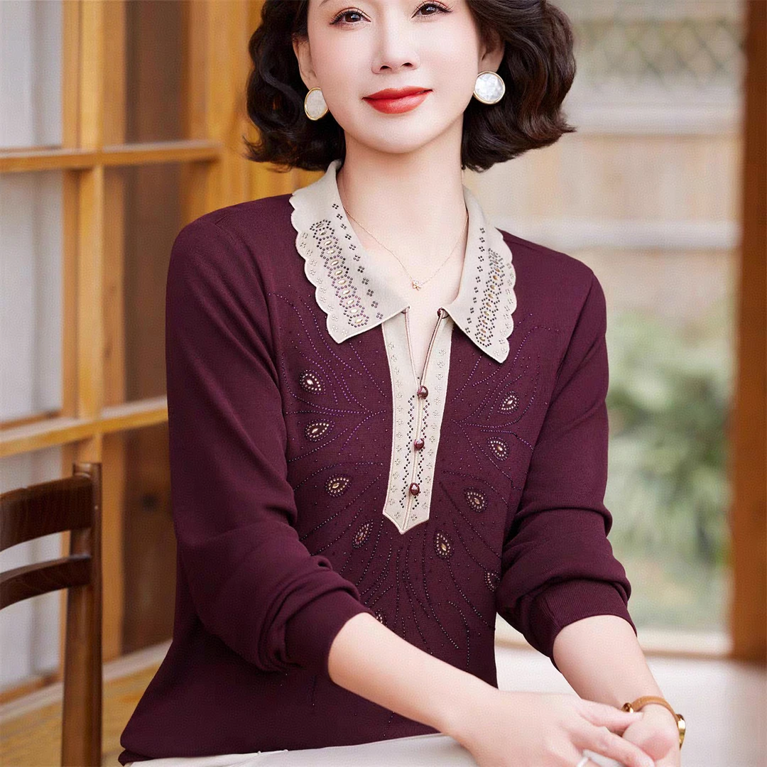 （女王范）504烫钻翻领打底衫