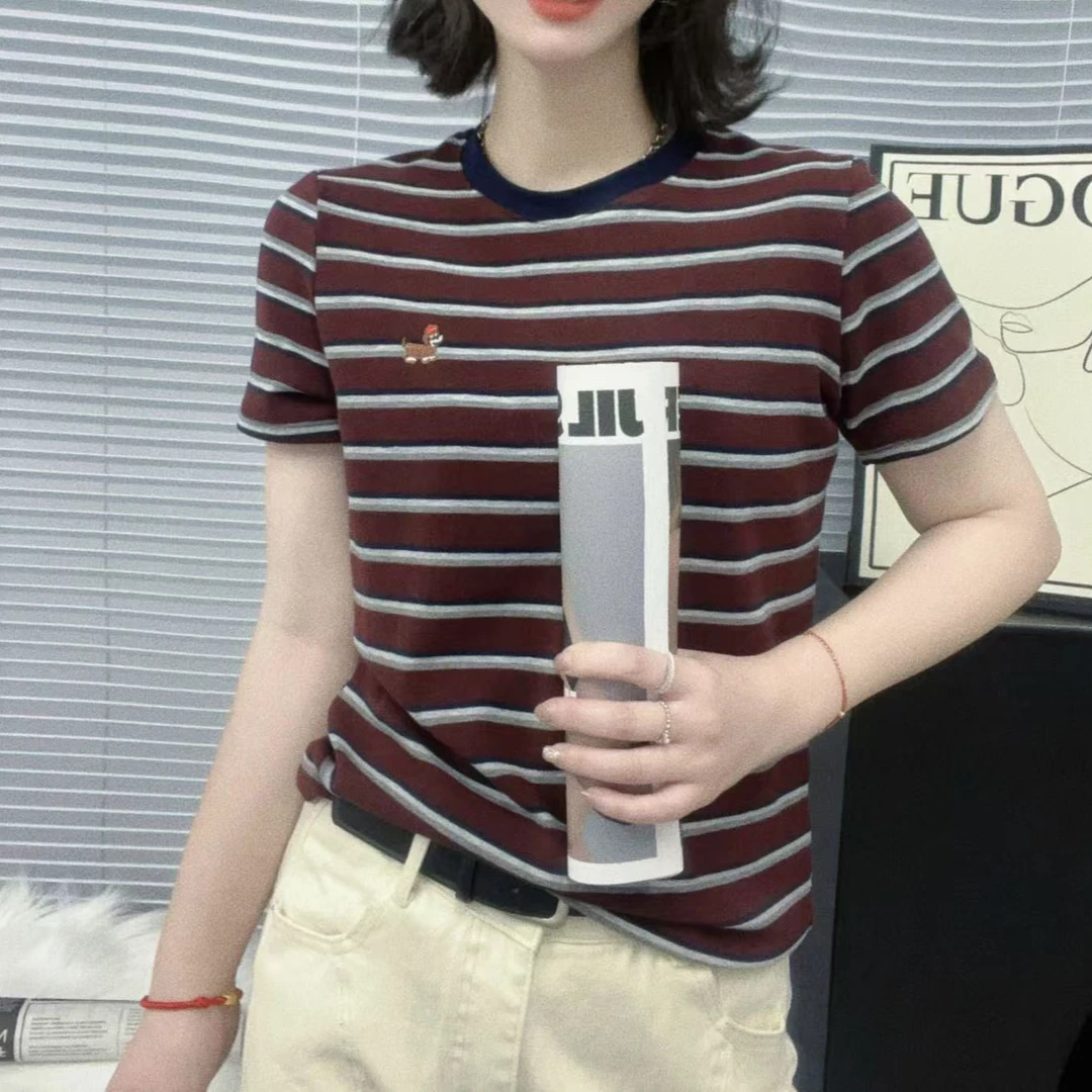 2025春夏圆领条纹卡通刺绣上衣短袖T恤女装上衣5158