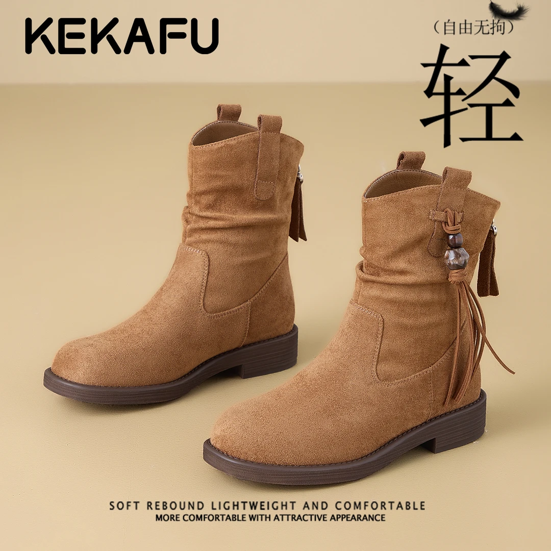 珂卡芙焦糖色西部牛仔短靴女靴2025冬季新款绒面复古美拉德堆堆靴