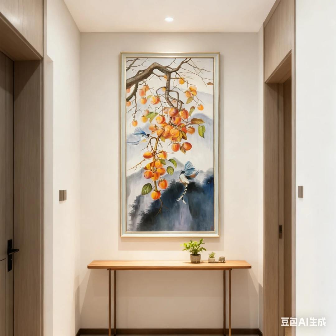 新中式柿柿如意装饰画玄关客厅轻奢艺术感挂画90*180