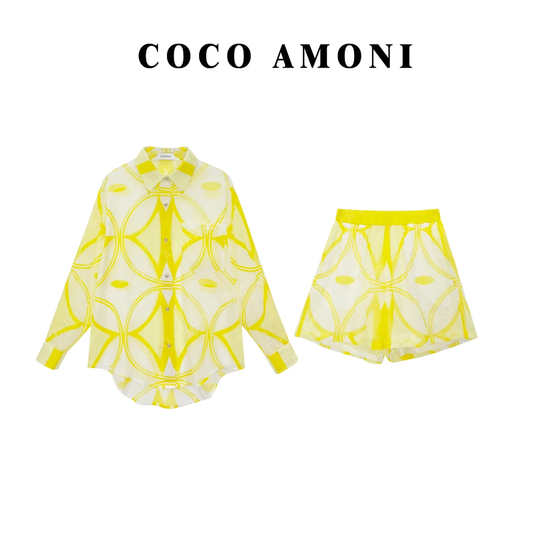 COCO Amoni百搭渐变印花中长款套装户外休闲防晒女上衣短裤 FS060