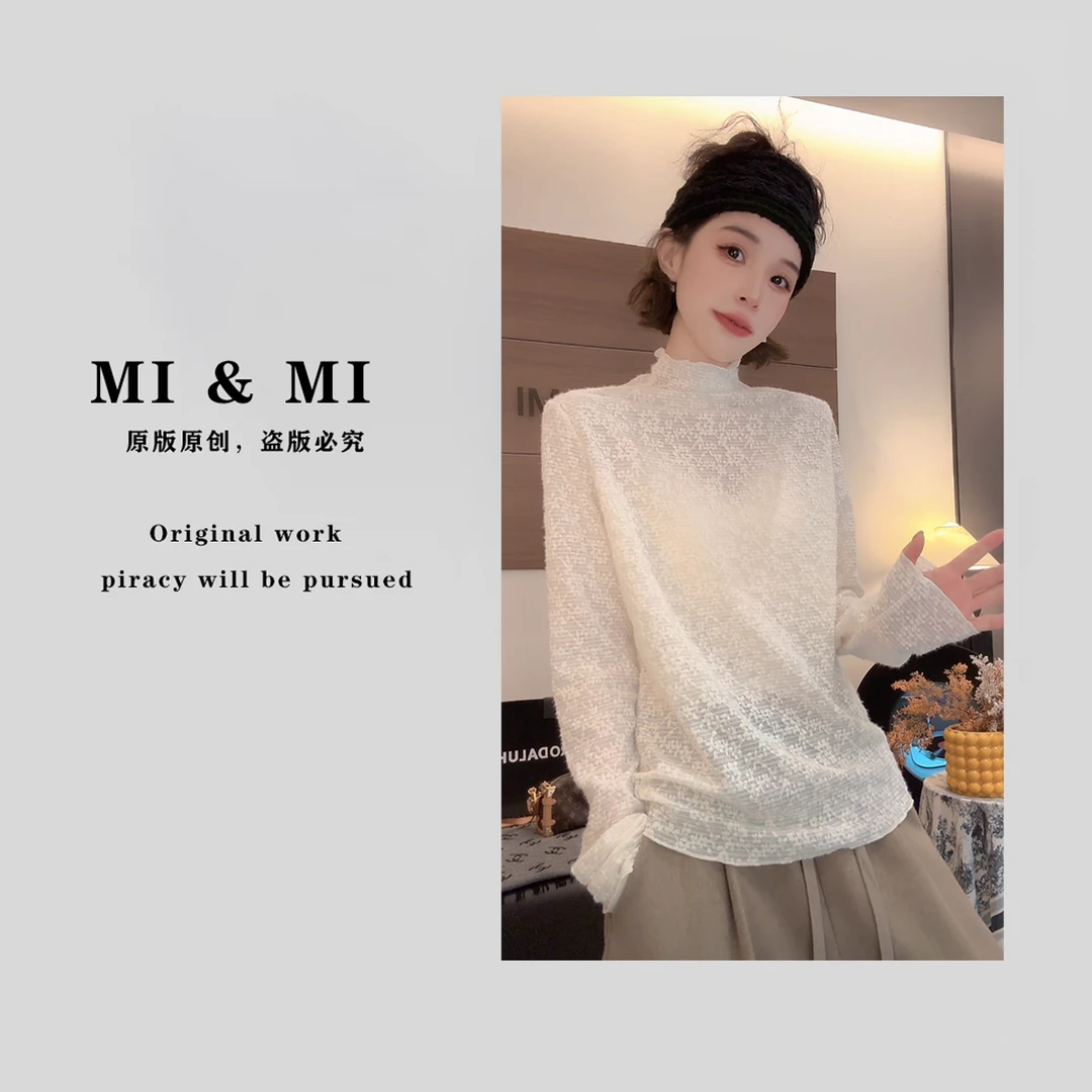 【米米服饰】2025 秋季蕾丝提花木耳边高领打底衫 2502-309