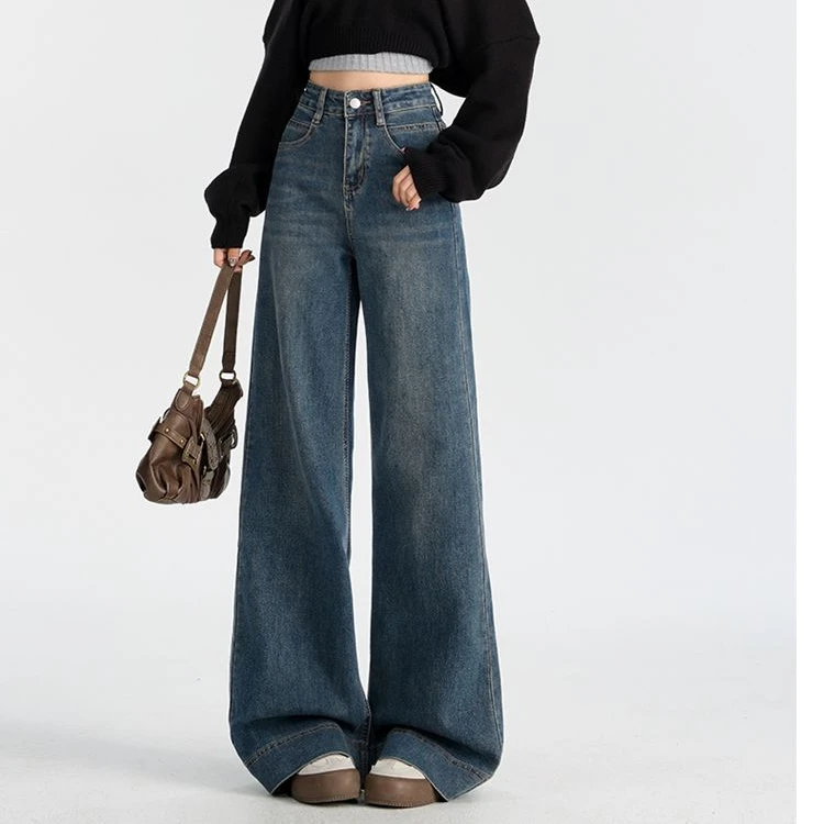 2025春季直筒微喇牛仔裤防褪色丹宁蓝宽松女弹力慵懒休闲拖地裤