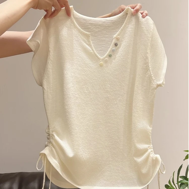 奶白杏色V领短袖针织t恤女夏季设计感小众褶皱收腰显瘦小飞袖上衣
