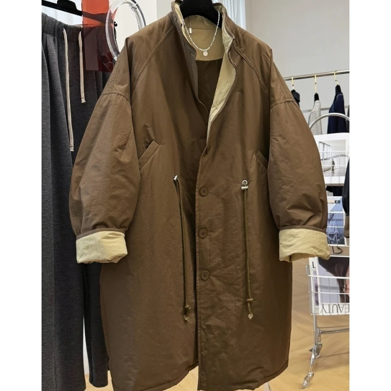 韩系慵懒风宽松休闲立领中长款夹棉工装外套女秋冬巨好看薄款棉服