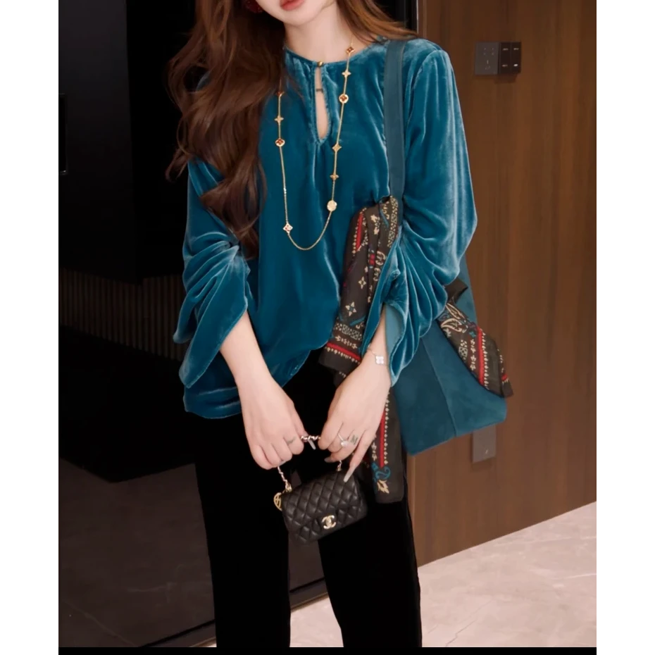 G. yantong/郭彦彤定制早秋款真丝丝绒长袖上衣新中式轻奢