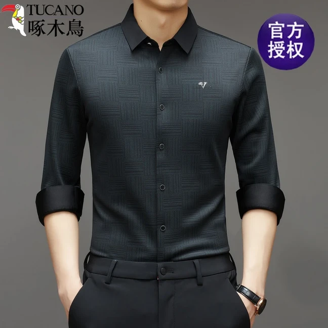 啄木鸟男士春秋季新款长袖衬衫高档商务百搭无痕印花免烫弹力衬衣