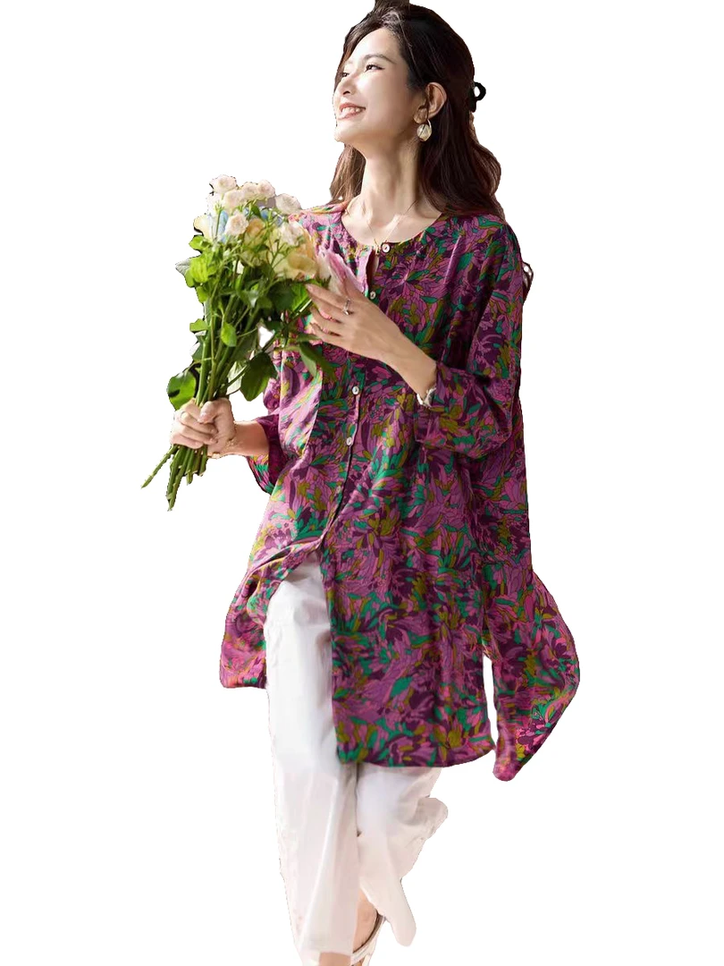 加肥加大码圆领中长款中袖碎花印花雪纺衫女士夏季上衣