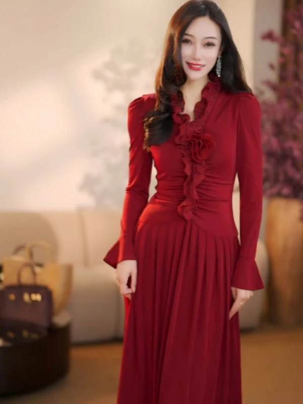 【袁小姐】宙斯女神红玫瑰法式气质高级优雅显瘦收腰裙-ZX857