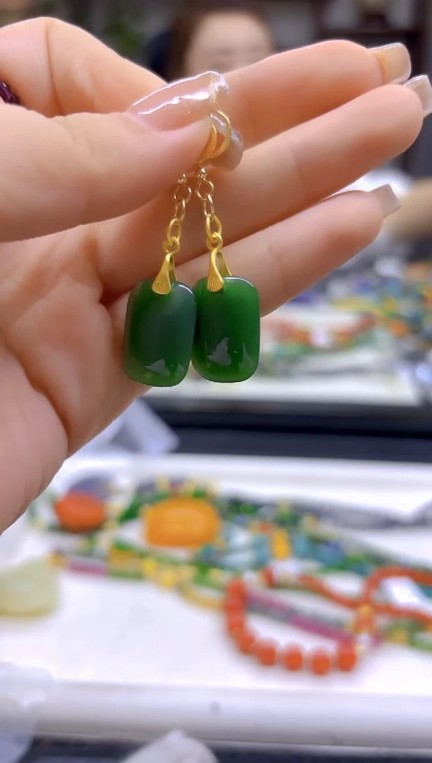 和田玉（碧玉）14K金镶嵌耳饰DIY款E171