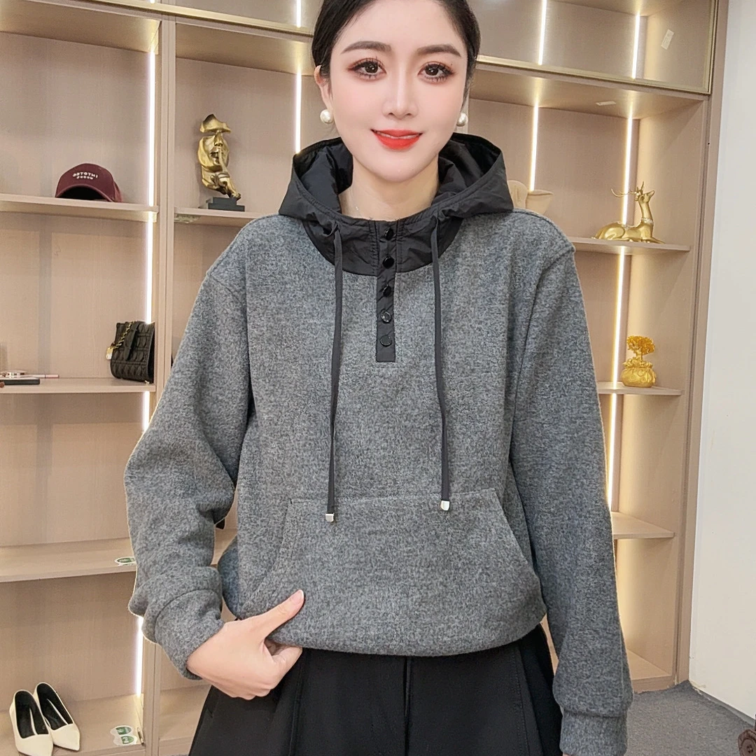 【众帆女装3】冬季时尚休闲百搭连帽抽绳宽松加绒保温保暖气质卫衣