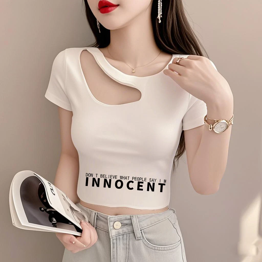 白色镂空露锁骨短袖t恤女夏季新款修身显瘦小个子痞帅炸街风女装