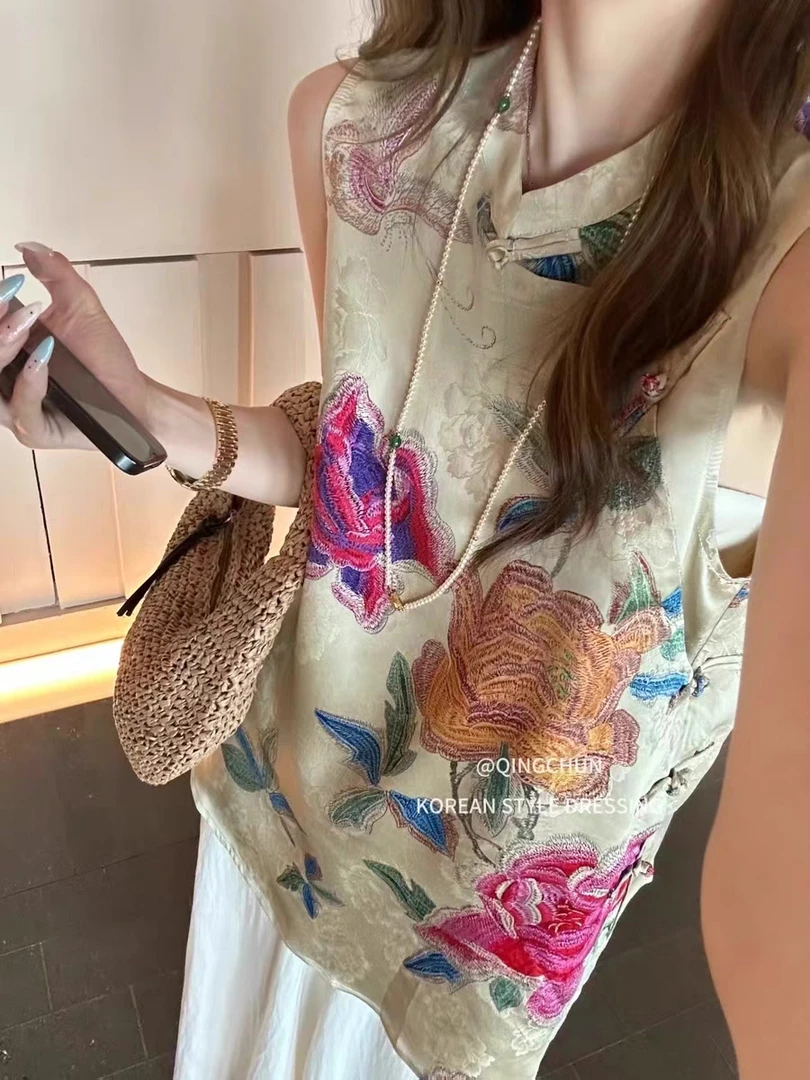 新中式国风盘扣无袖衬衫马甲女夏季25新款高级感刺绣提花背心上衣