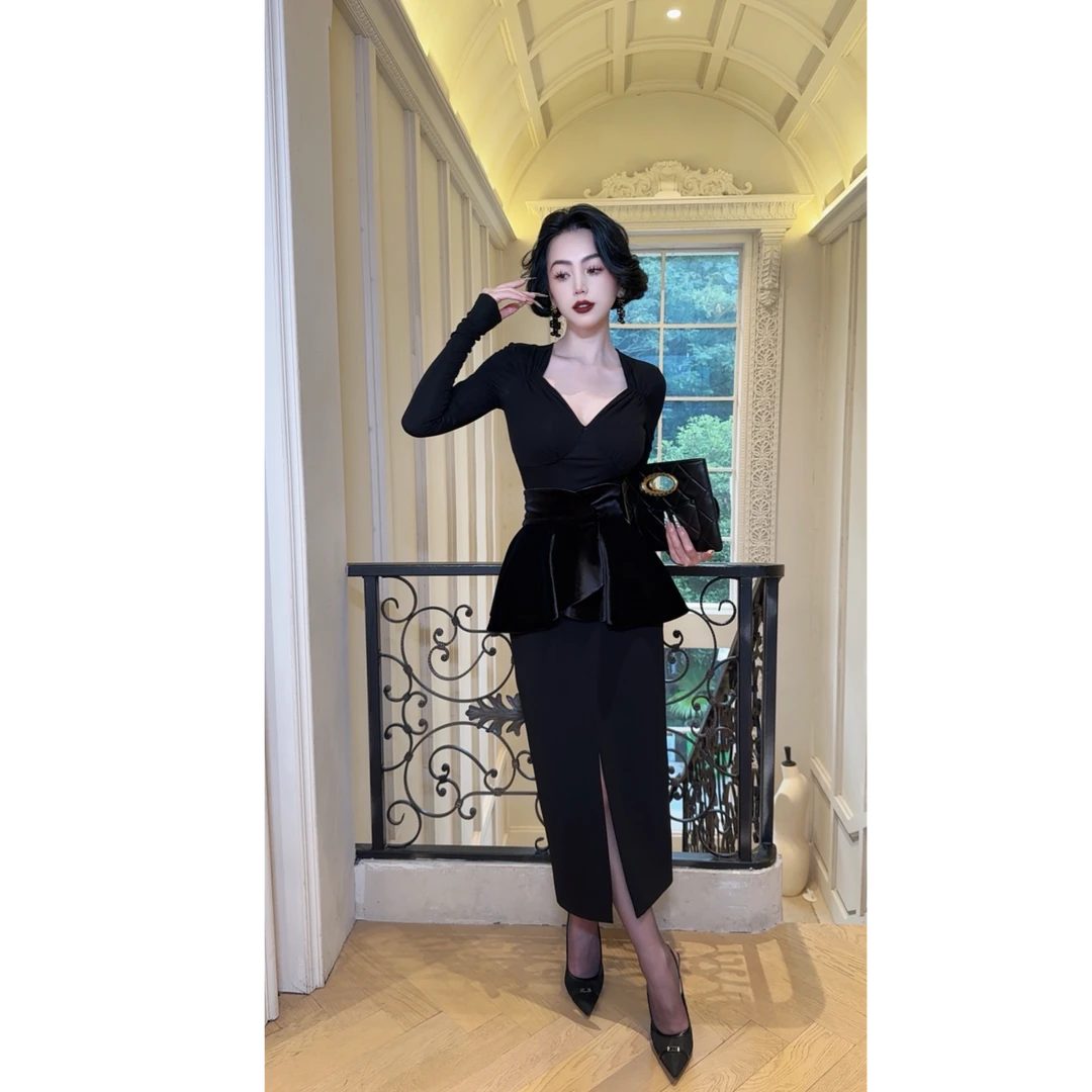 LYXJ【暖秋协奏】秋冬拼接高腰气质半身裙10722