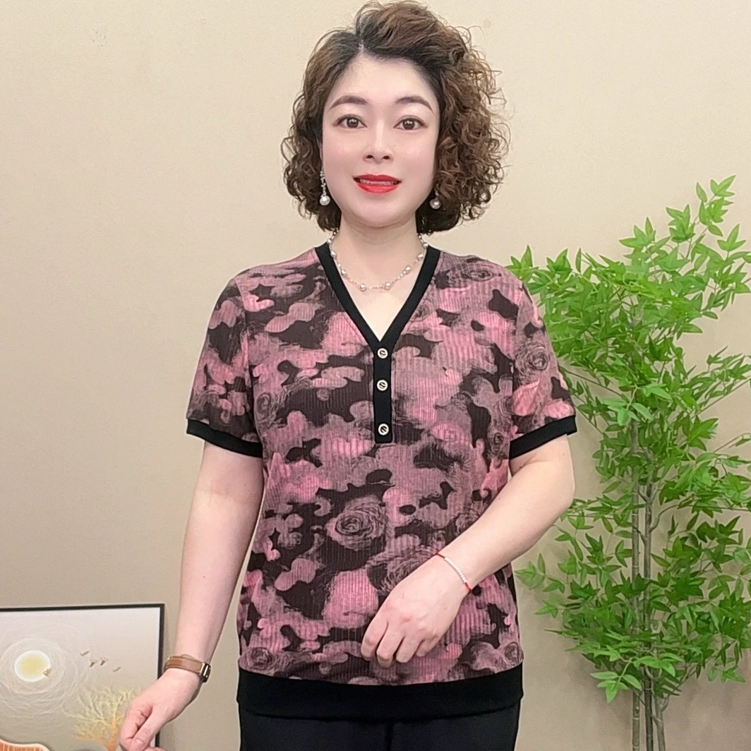短袖夏季薄款妈妈装网纱气质V领上衣显瘦大码洋气时尚宽松弹力女