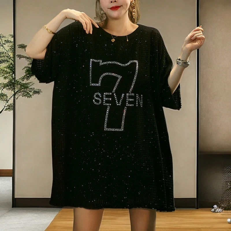 数字7--落肩袖半袖中长款T恤休闲百搭春夏宽松大版染色长款短袖