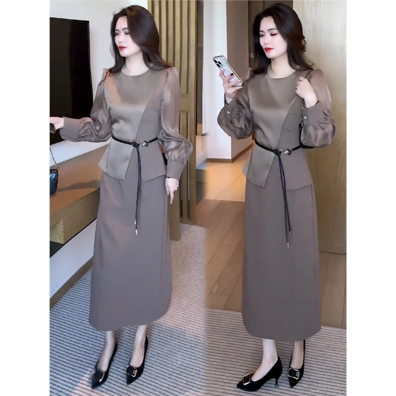 拼接假裙子春季2025时髦洋气时尚感收腰两件缎面设计女新款连衣裙