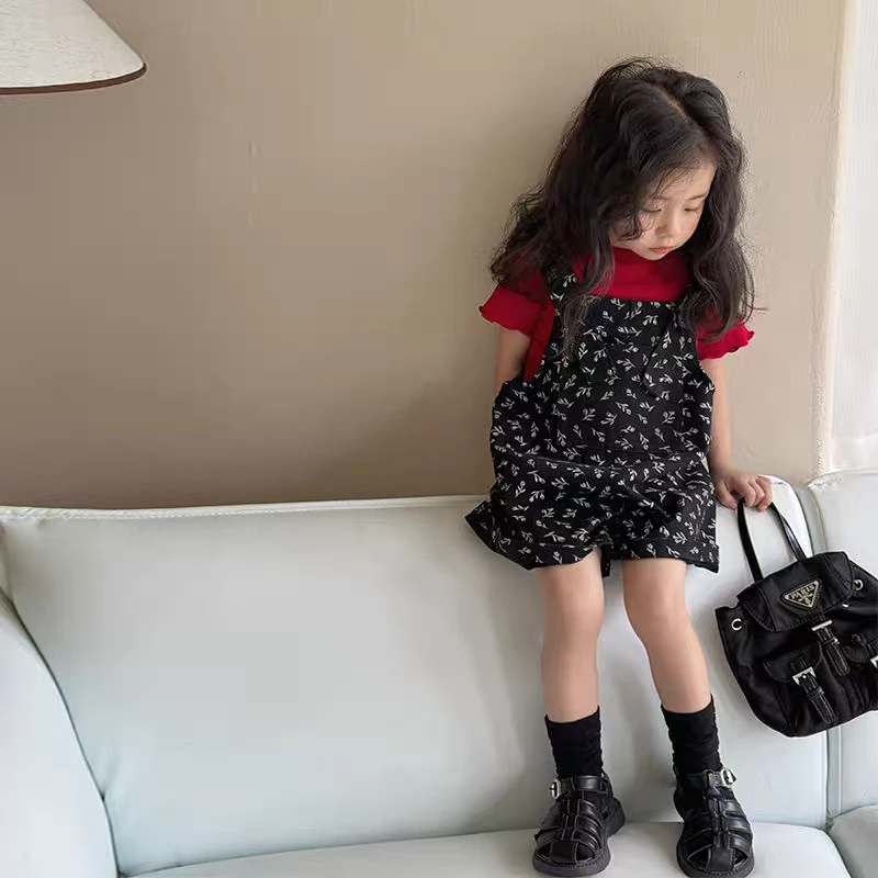 2025亲子款女童樱桃背带裤+红T套装夏季洋气网红韩版时尚休闲女宝