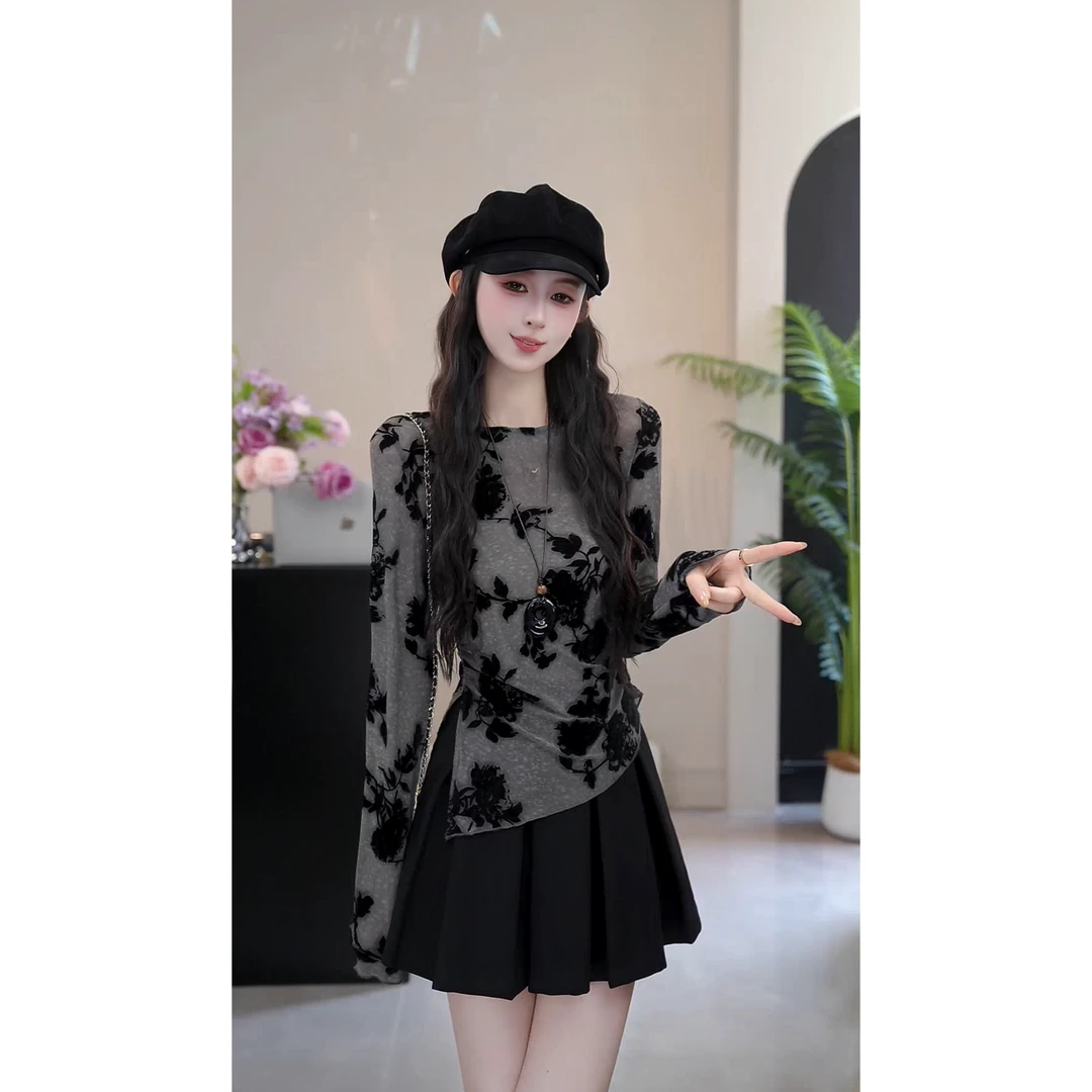 YUANLIANSU/圆脸酥【凉露沾衣】千金风开叉不规则下摆T恤女秋季