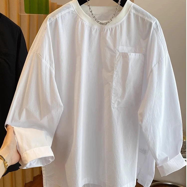 高级感简约百搭白色圆领衬衫女长袖2025新款宽松净版打底衫上衣春