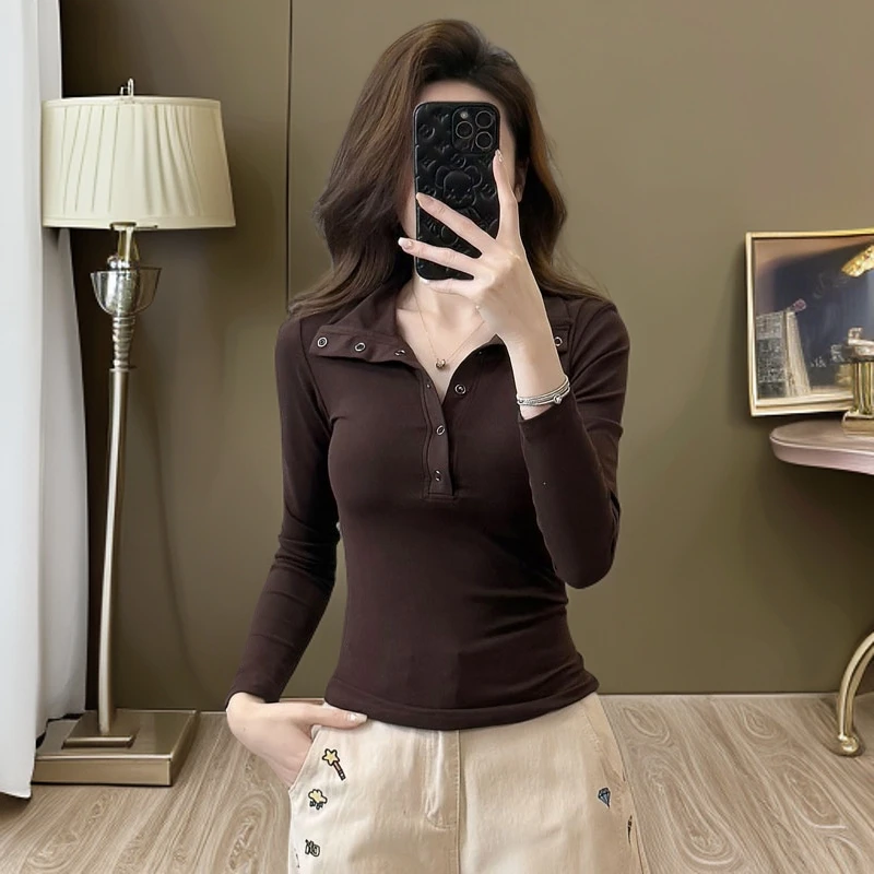 咖啡色短款长袖打底衫女款爆款2025新款修身跳舞休闲运动内搭上衣