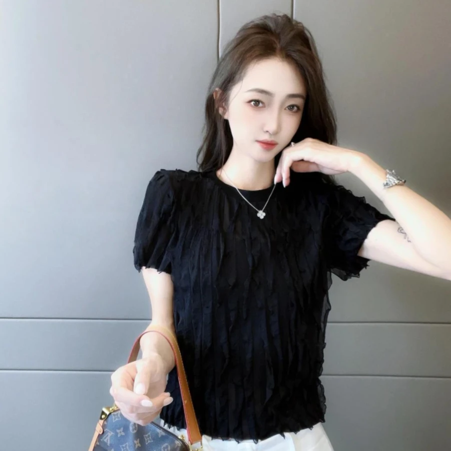 2025夏季新款小众设计感立体荷叶圆领短袖T恤女百搭减龄显瘦上衣