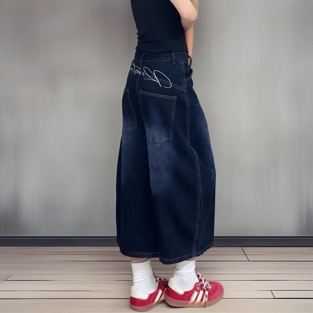 美式高街扎染刺绣cleanfit七分牛仔裤男女夏季宽松显瘦阔腿牛仔裤