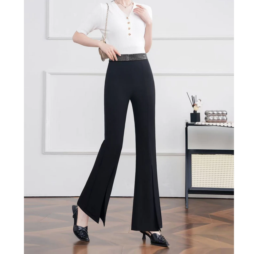 2190#【裤长98】新款高腰显瘦韩版百搭时尚修身西装开叉直筒喇叭裤