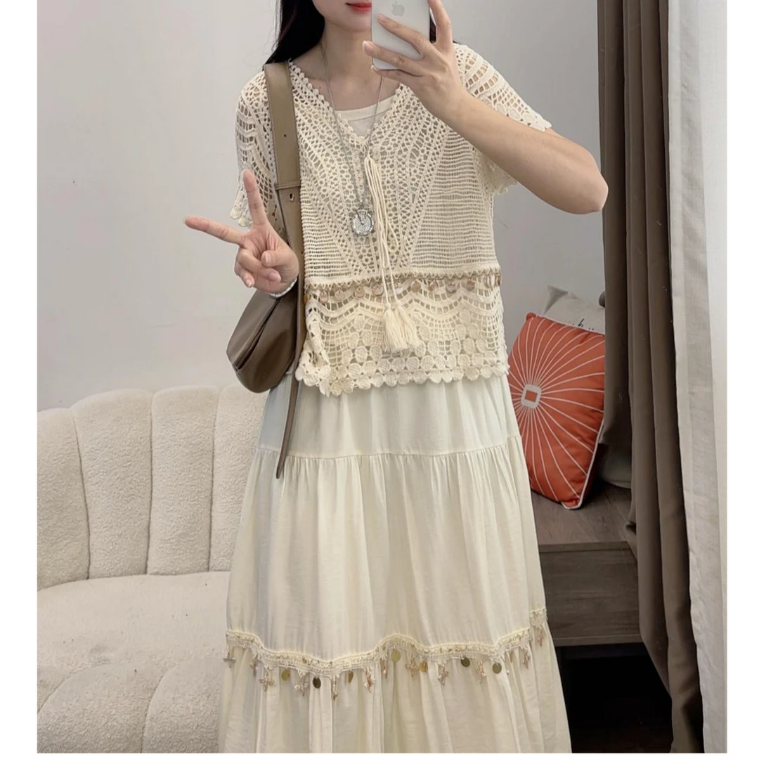 一整套气质套装裙2025夏蕾丝钩花马甲薄纱半身裙三件套DYY2888