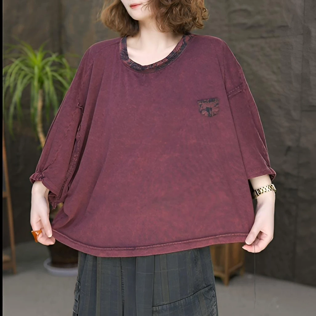 夏季新款百搭舒适蝙蝠袖包边圆领宽松T恤女